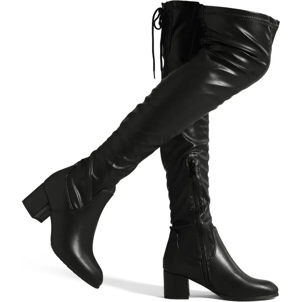 Women Black/Pu Faux Leather Over The Knee Chunky Heel Long Stretch Boots